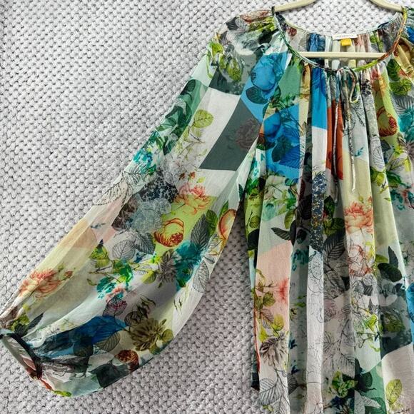 LEIFSDOTTIR Top Women 4 Green Silk Floral Catappa Blouse Crew Neck Ballon Sleeve - Picture 6 of 16